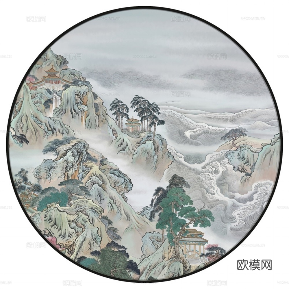 新中式圆形水墨山水装饰画壁画