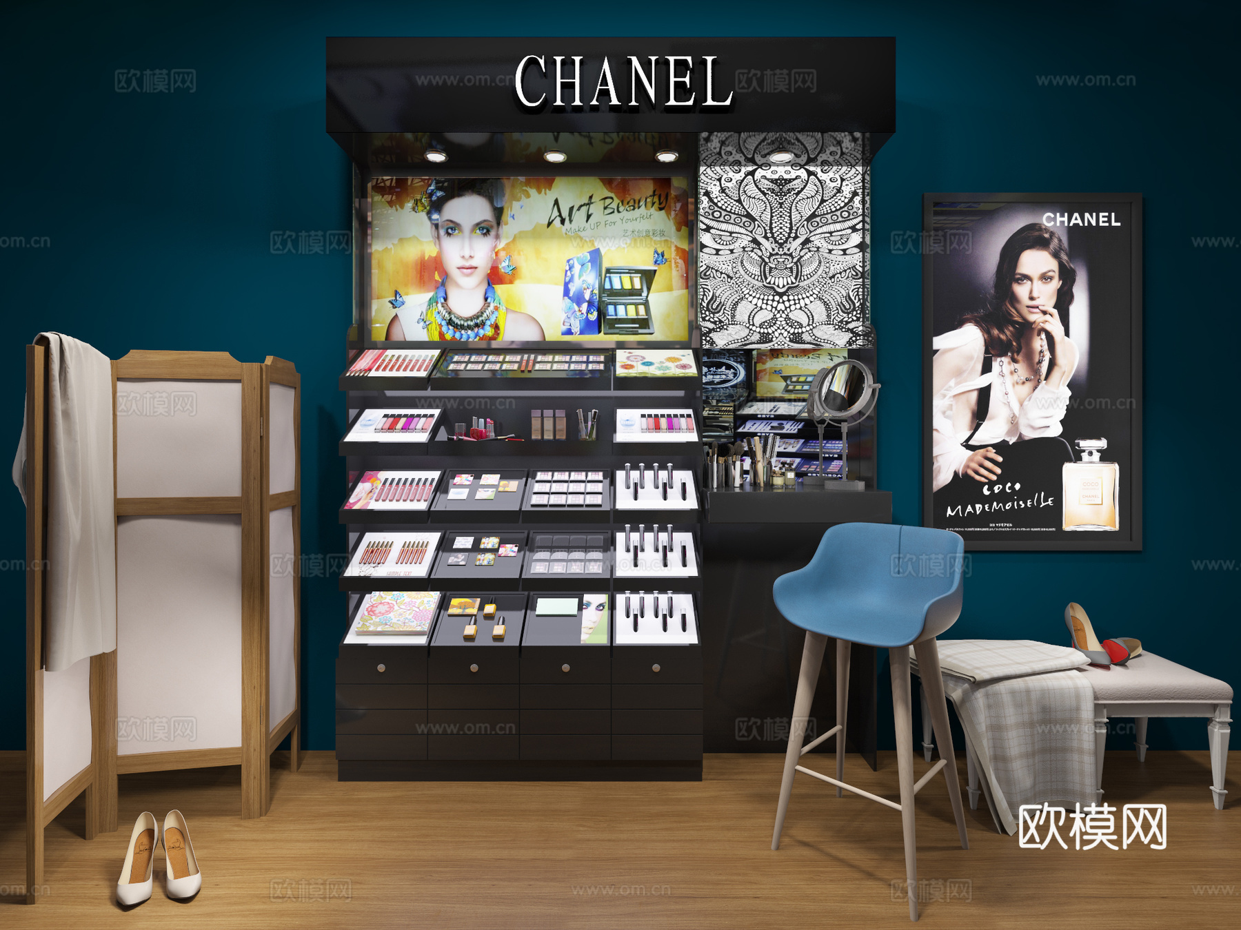 现代化妆品店 化妆柜 灯箱 矮凳 屏风3d模型