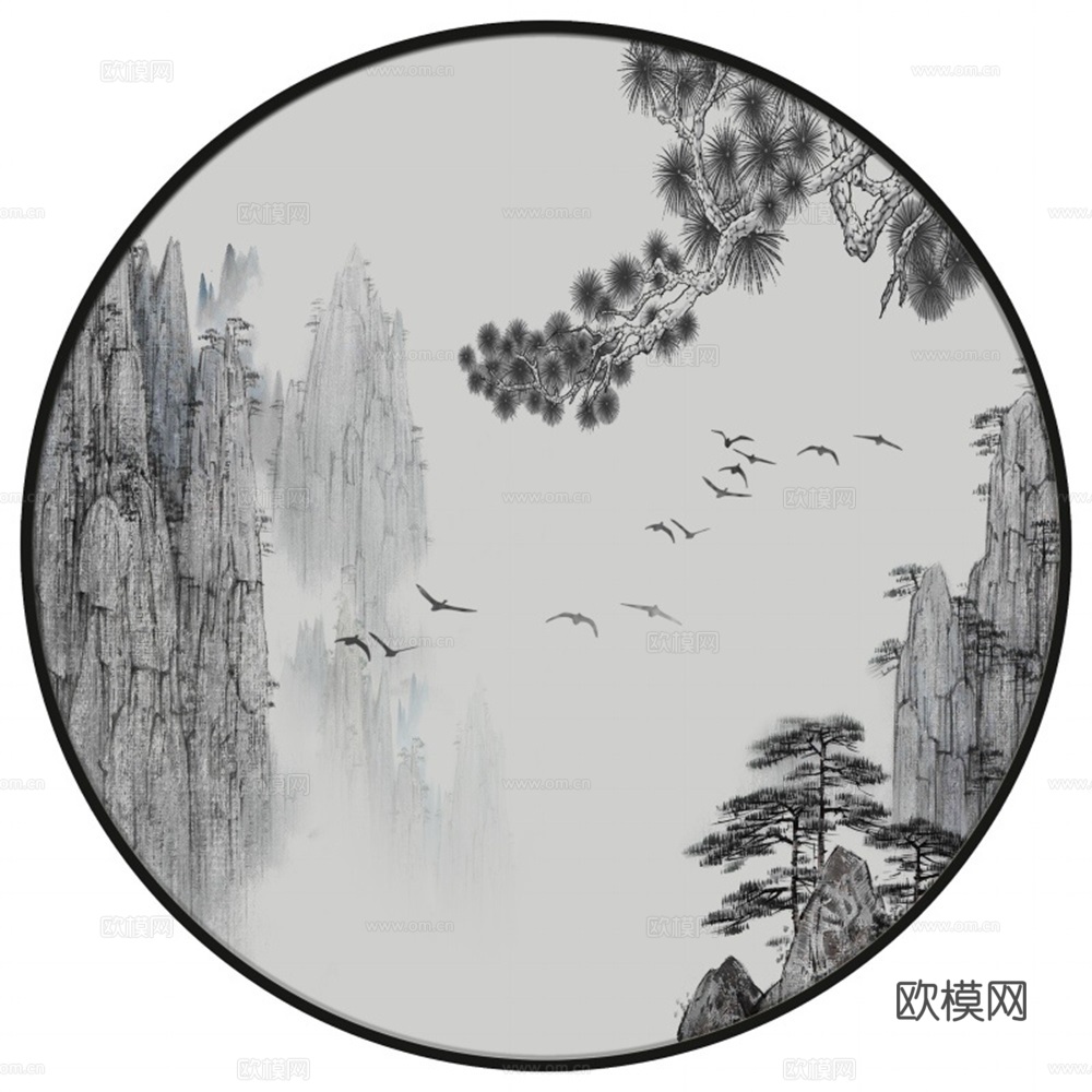 新中式圆形水墨山水装饰画壁画下载
