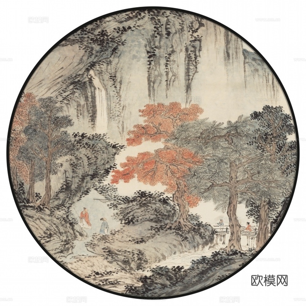 新中式圆形水墨山水装饰画壁画