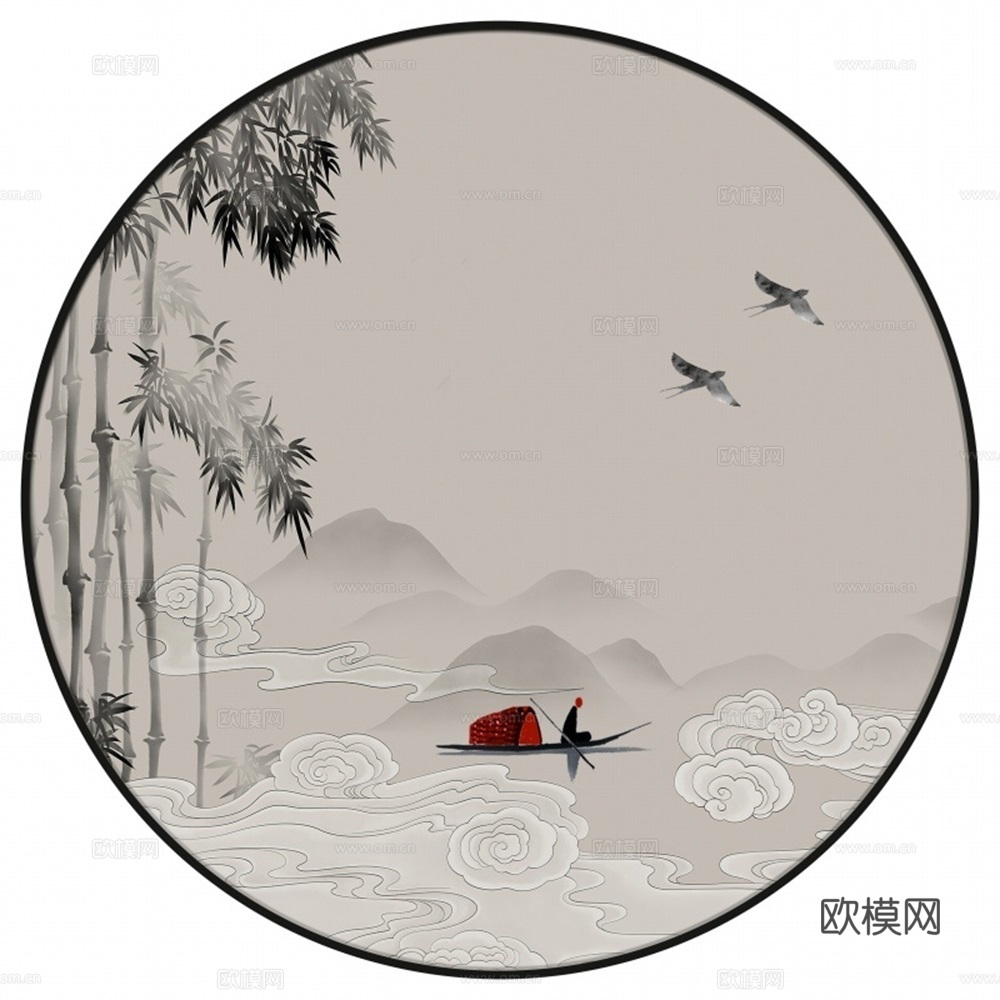 新中式圆形水墨山水装饰画壁画