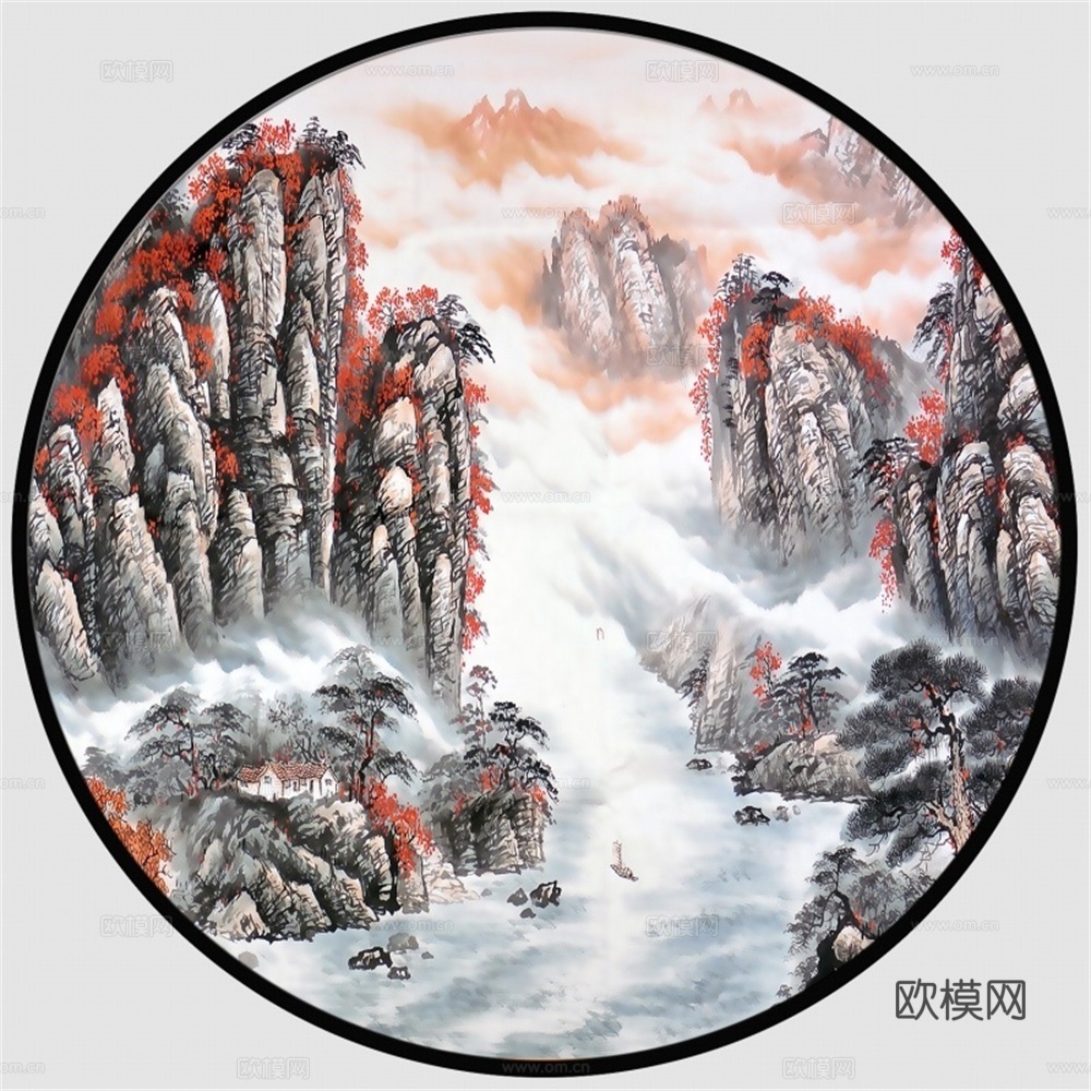 新中式圆形水墨山水装饰画壁画