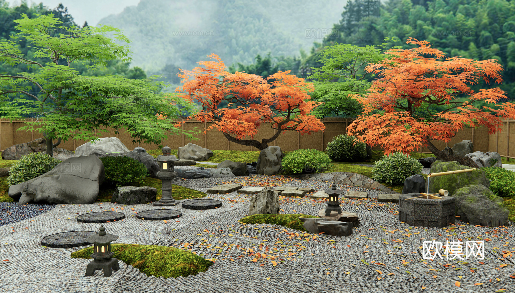 日式枯山水庭院花园 景观石头 汀步 微地形景观 红枫su模型