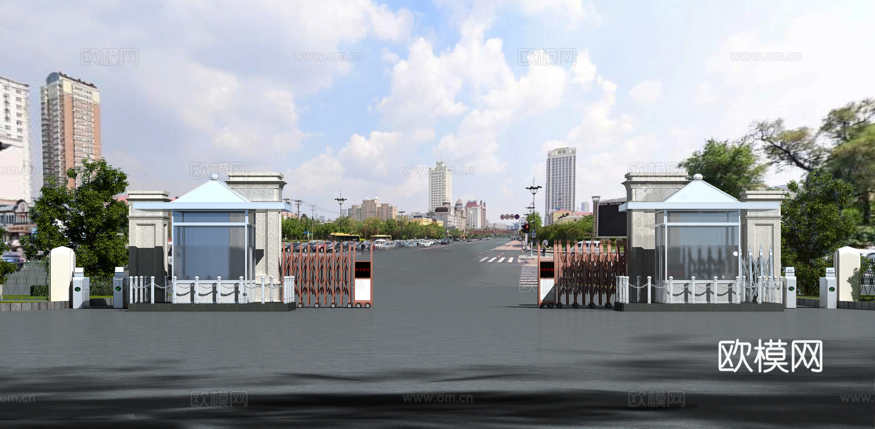 现代室外大门  站岗亭子 电动拉门3d模型