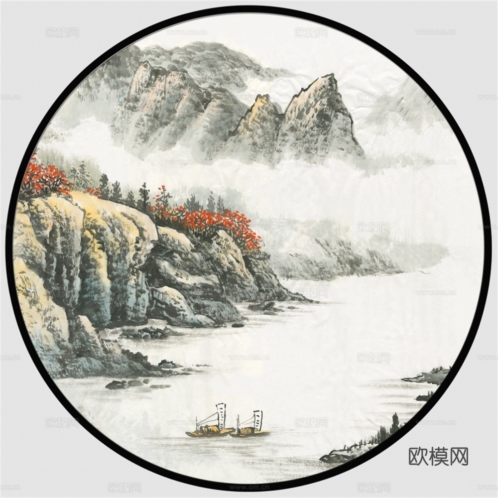 新中式圆形水墨山水装饰画壁画