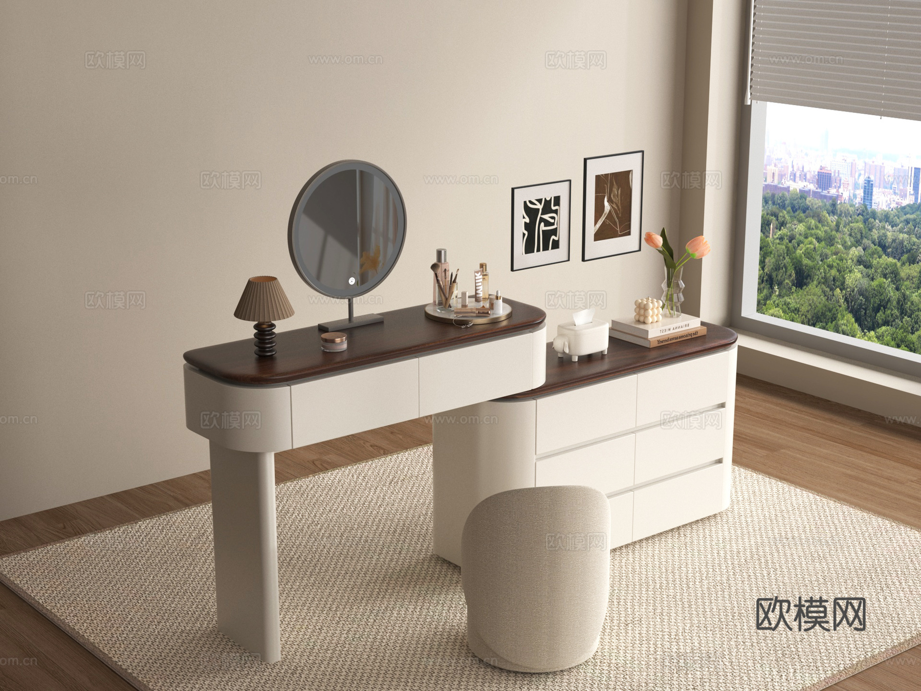 现代梳妆台 梳妆凳 化妆镜 化妆品 饰品摆件3d模型