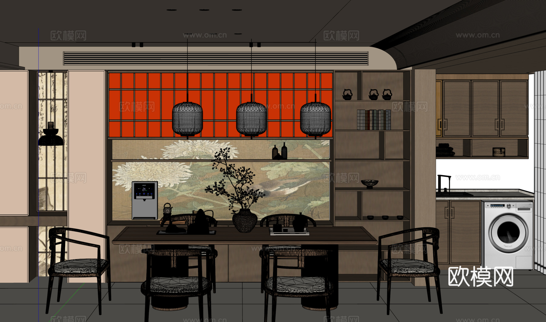 宋式餐厅 餐边柜 餐座椅组合 洗衣机柜 吊灯su模型