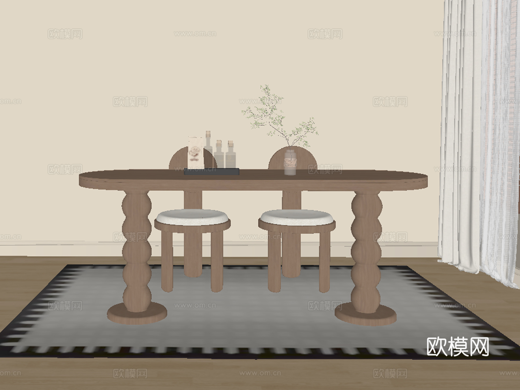 现代中古风餐桌椅su模型下载（渲染图2）