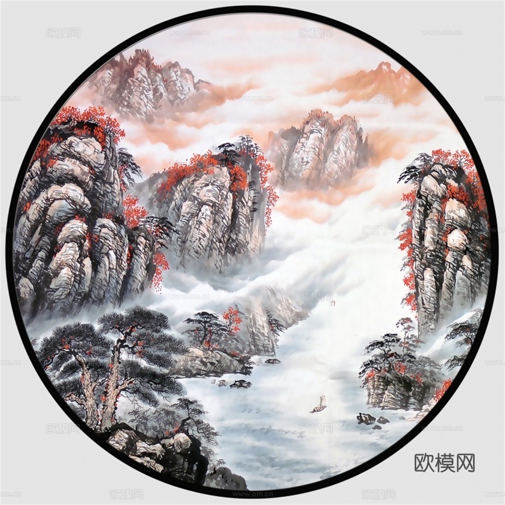 新中式圆形水墨山水装饰画壁画