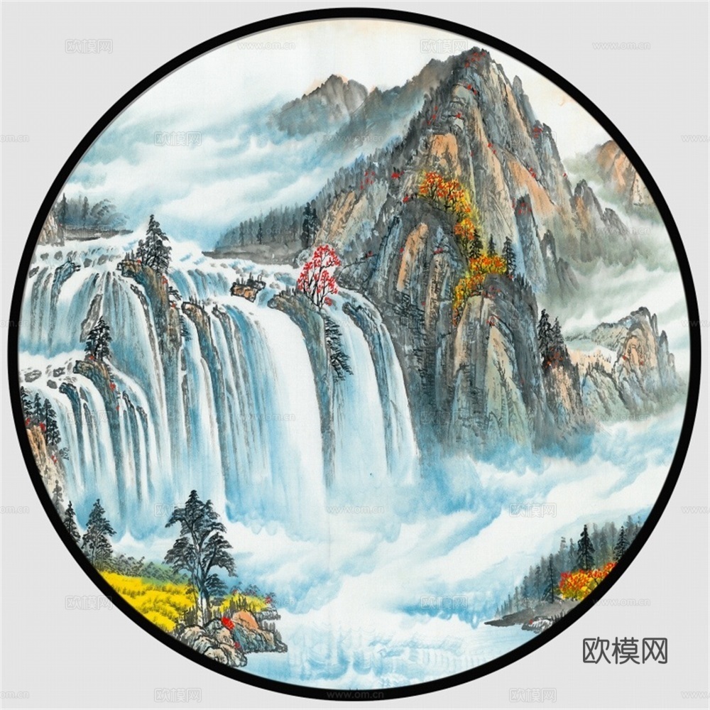 新中式圆形水墨山水装饰画壁画
