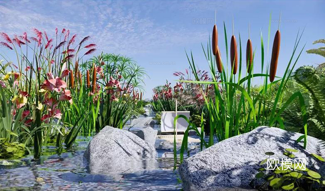 现代滨水景观 现代生态河流公园 自然湿地公园su模型