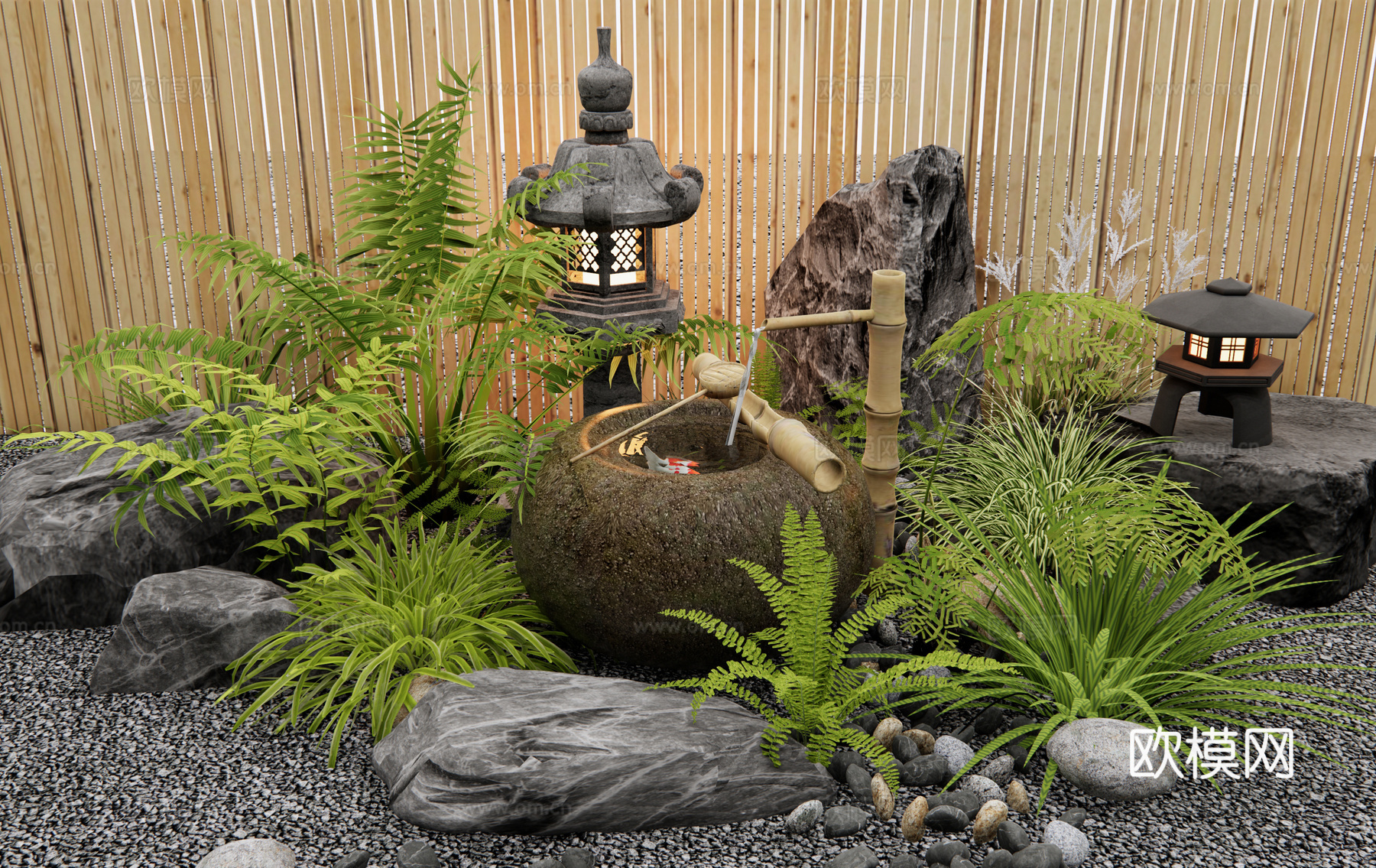 日式水景 枯山水 水钵 流水摆件 石臼水景 庭院造景 庭院水3d模型