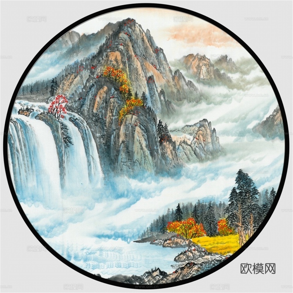 新中式圆形水墨山水装饰画壁画
