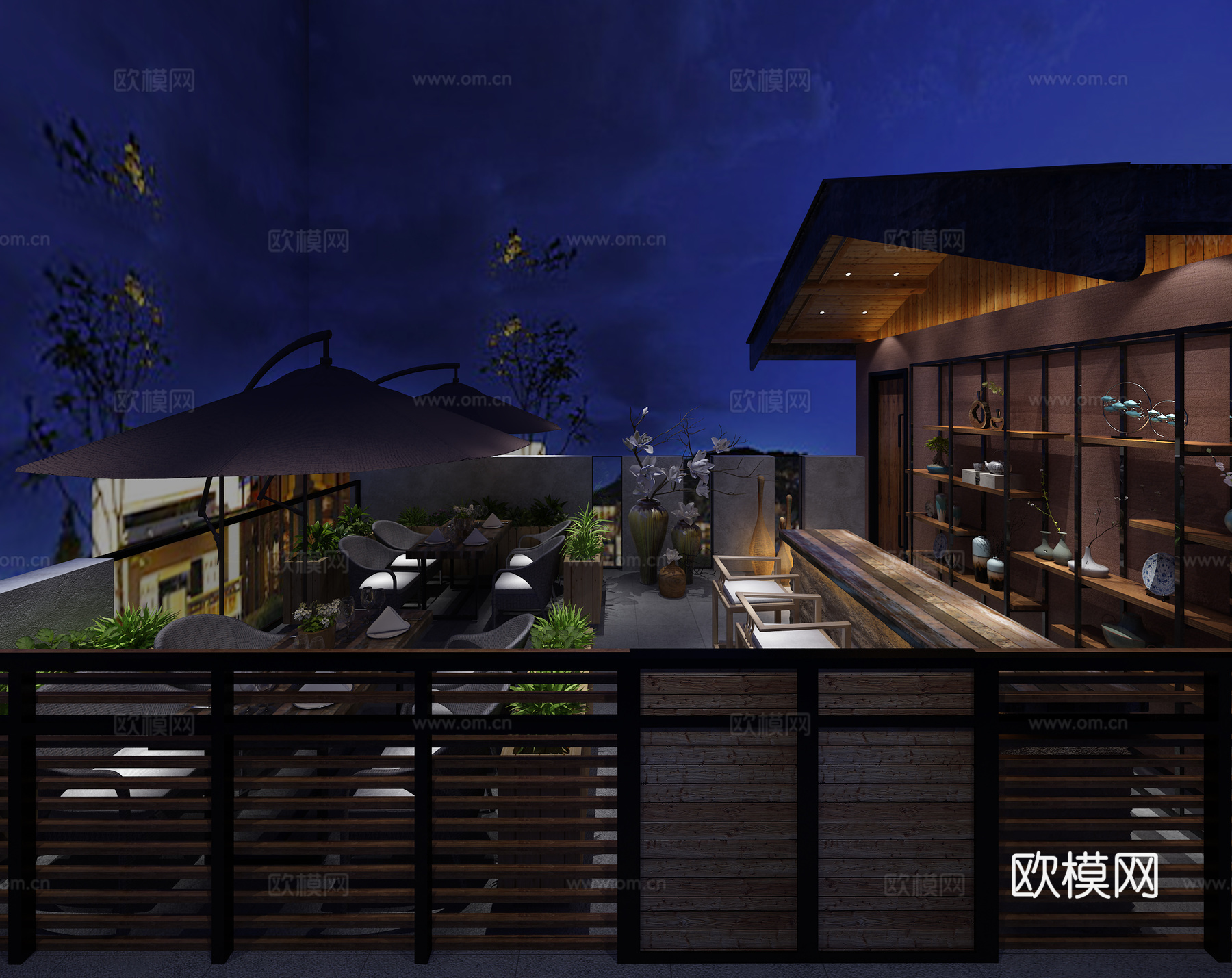 新中式夜景露台3d模型