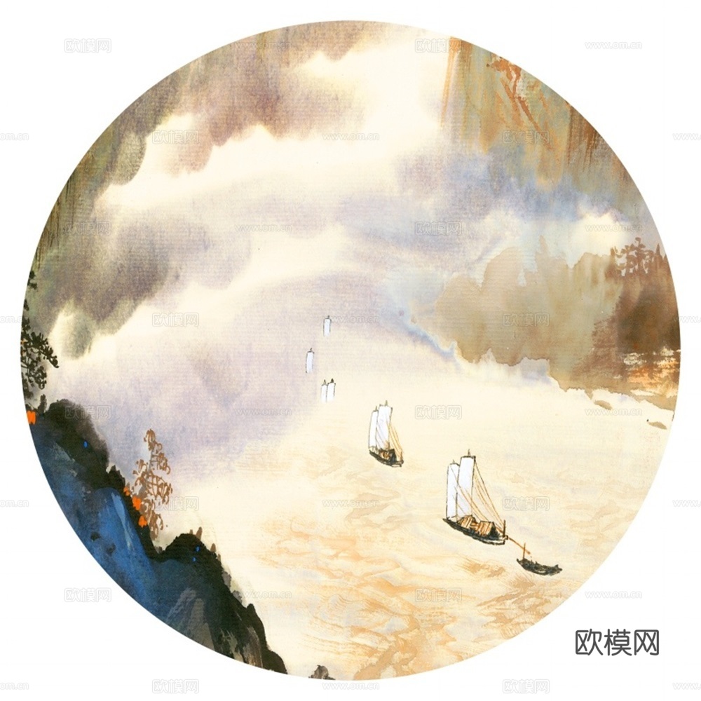 新中式圆形水墨山水装饰画壁画下载