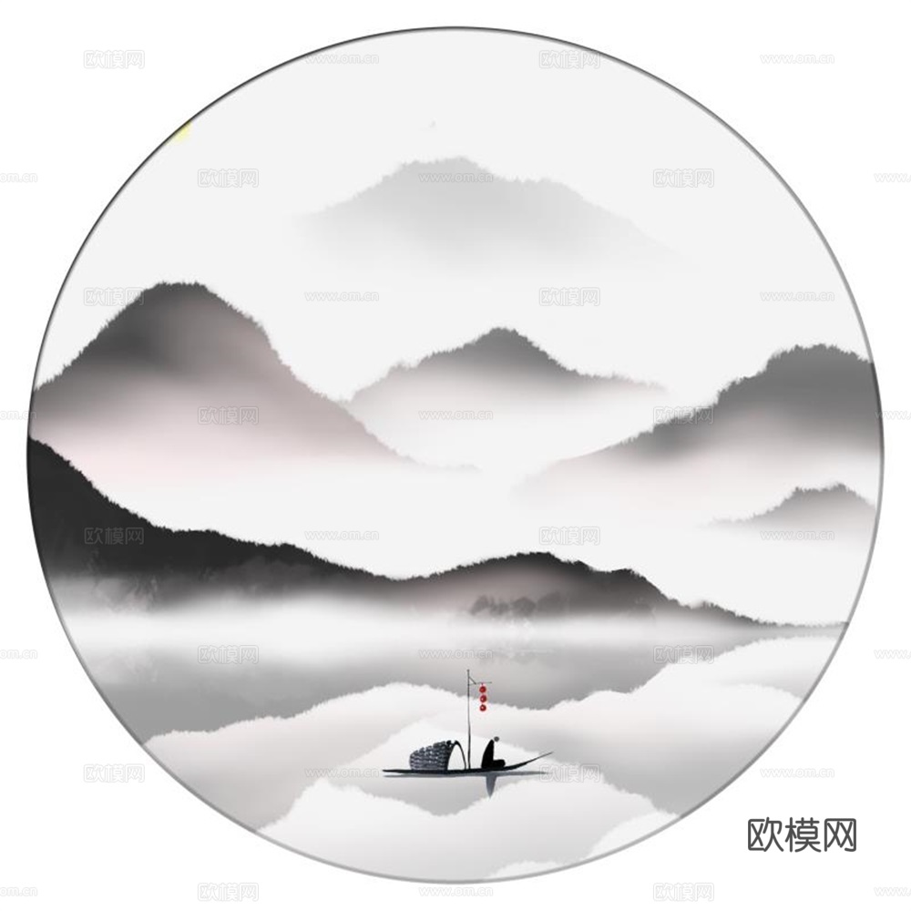 新中式圆形水墨山水装饰画壁画