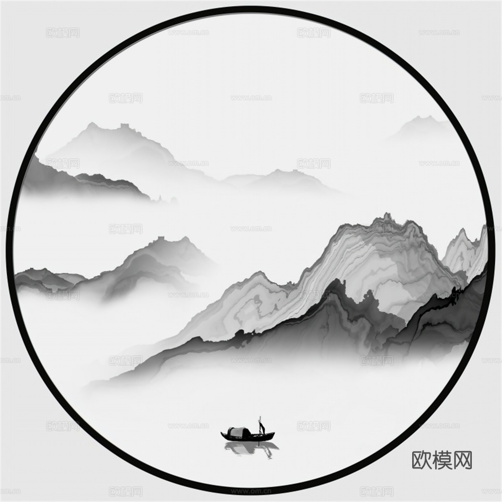 新中式圆形水墨山水装饰画壁画