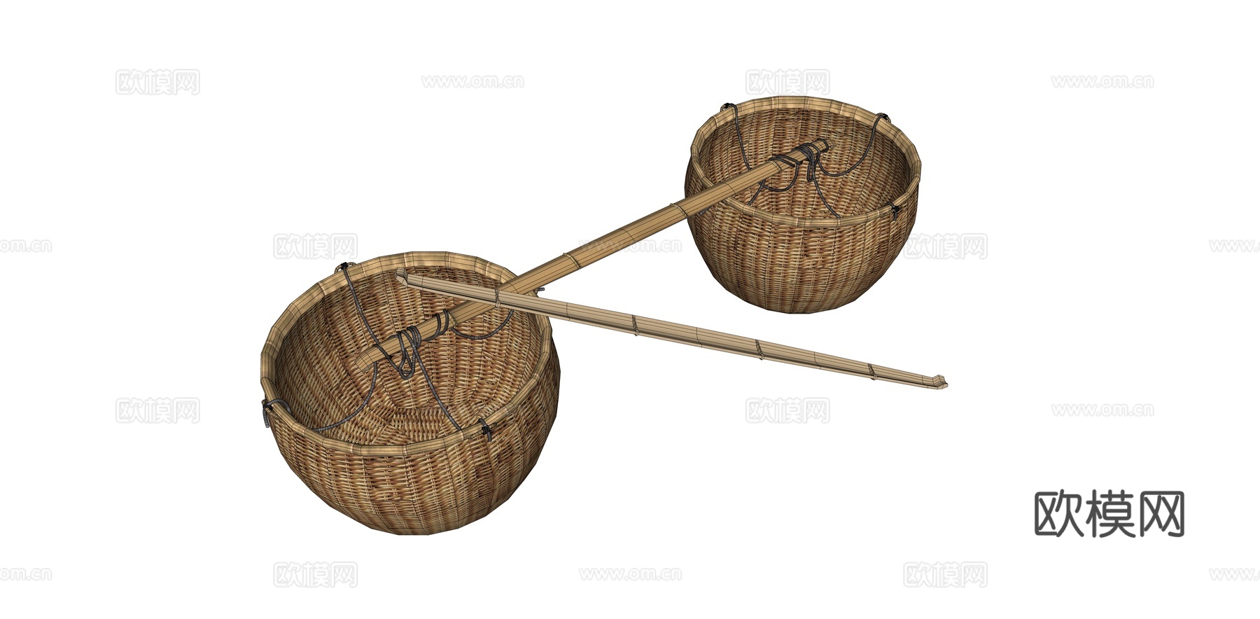 扁担箩筐 现代农村农具用品 竹编箩筐su模型