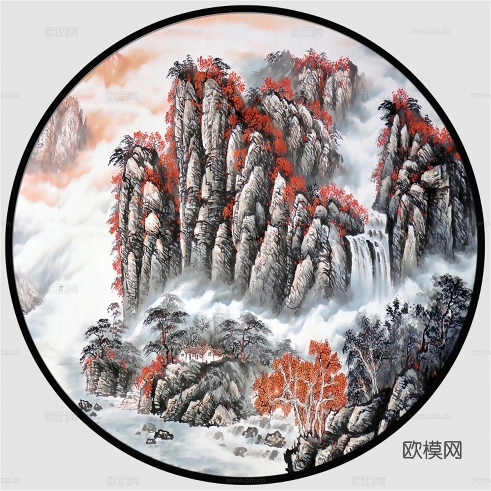 新中式圆形水墨山水装饰画壁画
