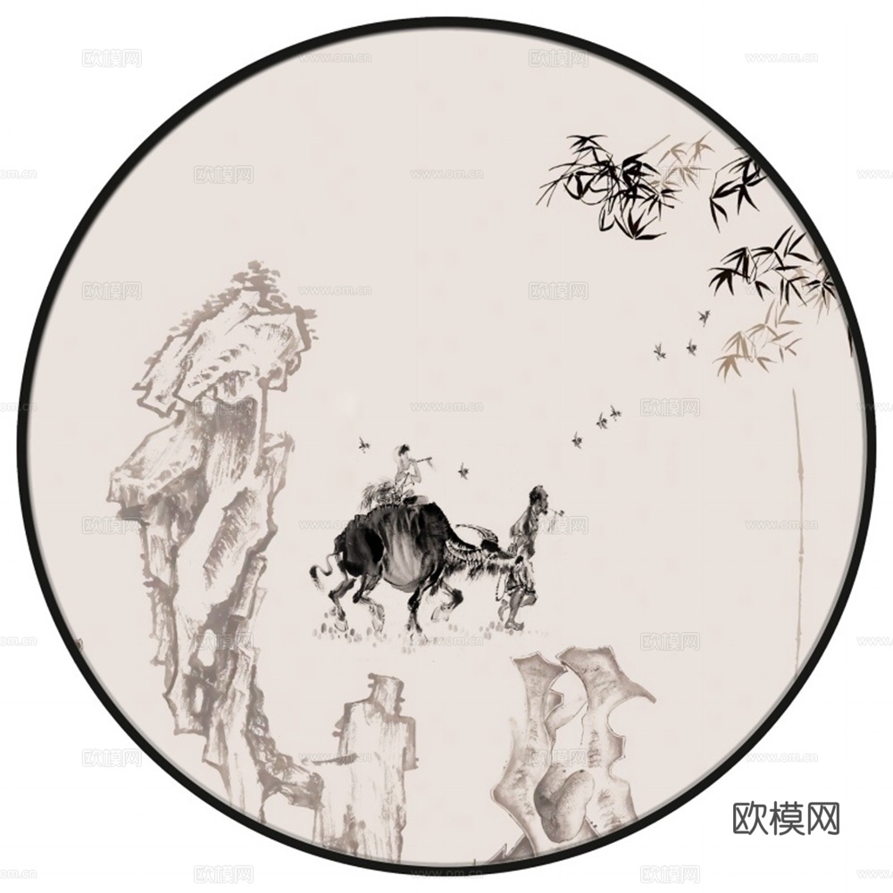新中式圆形水墨山水装饰画壁画