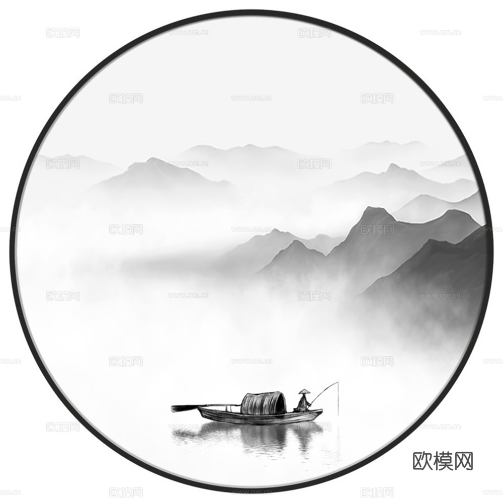 新中式圆形水墨山水装饰画壁画