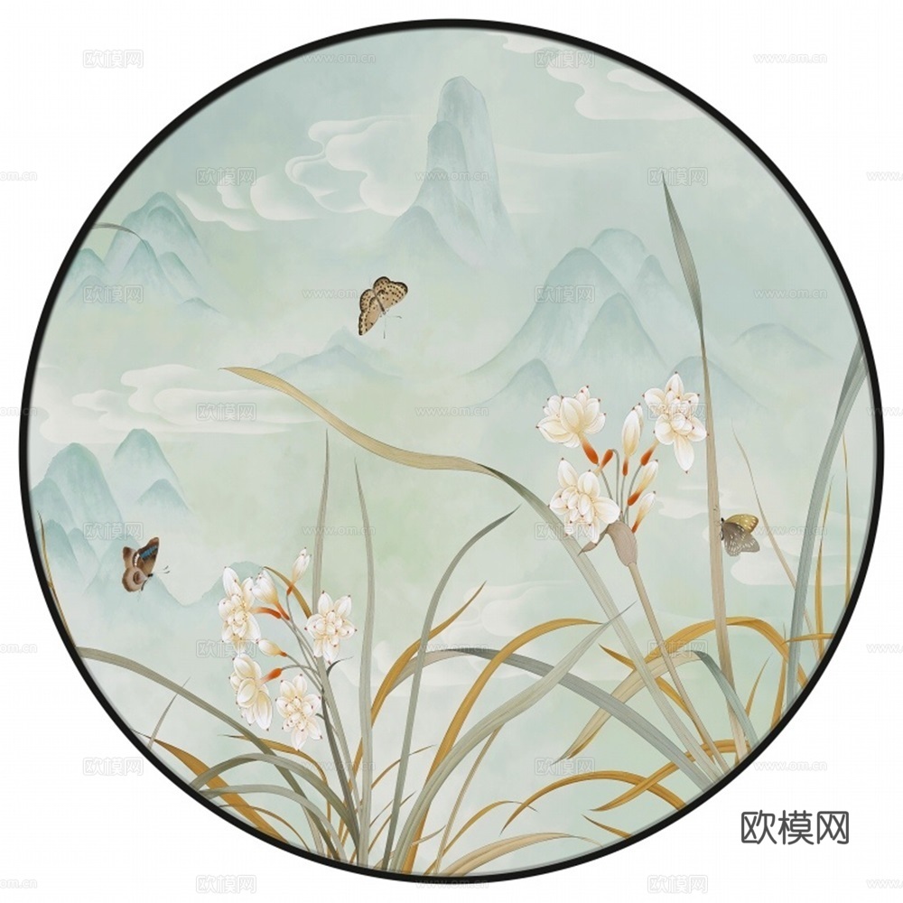 新中式圆形水墨山水装饰画壁画