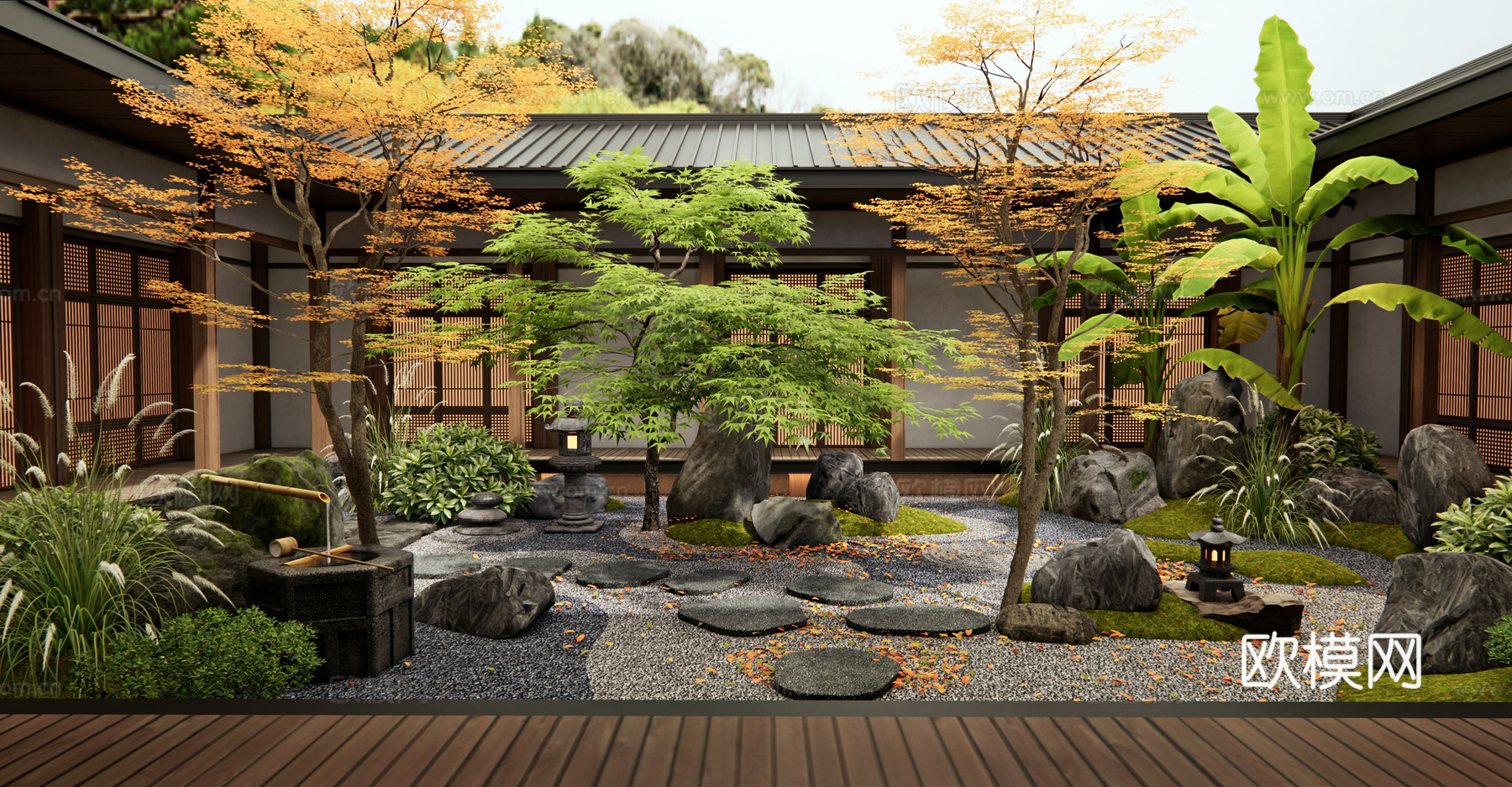 新中式禅意庭院景观 枯山水 景观石头 汀步 中庭造景3d模型