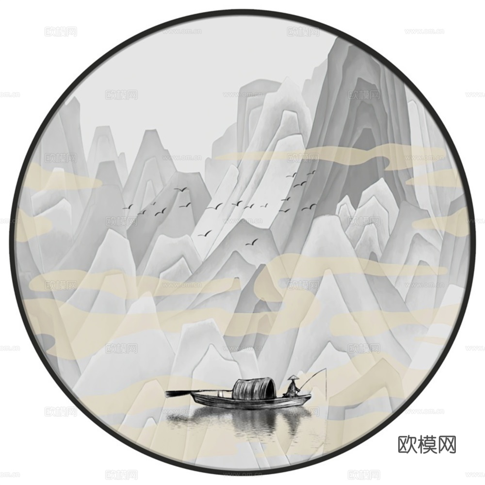 新中式圆形水墨山水装饰画壁画
