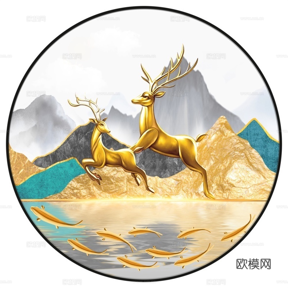 新中式圆形福鹿临门装饰画壁画