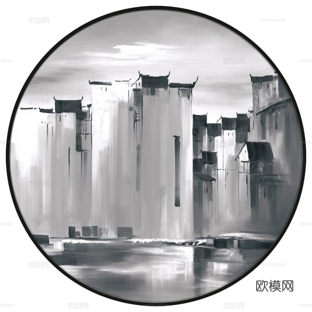 新中式圆形水墨山水装饰画壁画