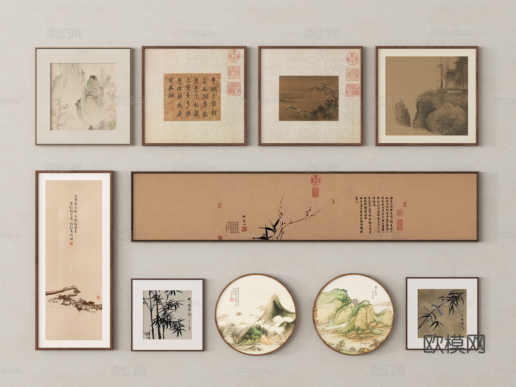 新中式挂画组合 装饰画 字画 国画 山水画3d模型