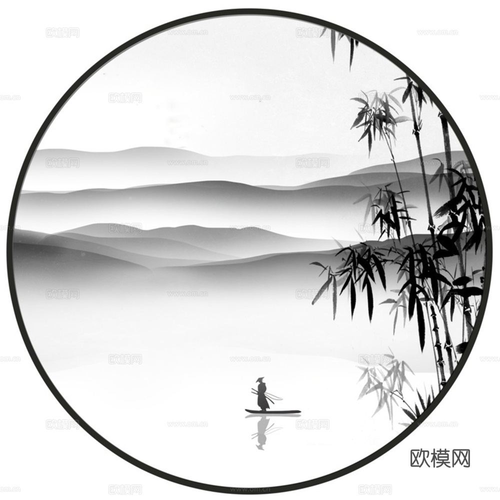 新中式圆形水墨山水装饰画壁画