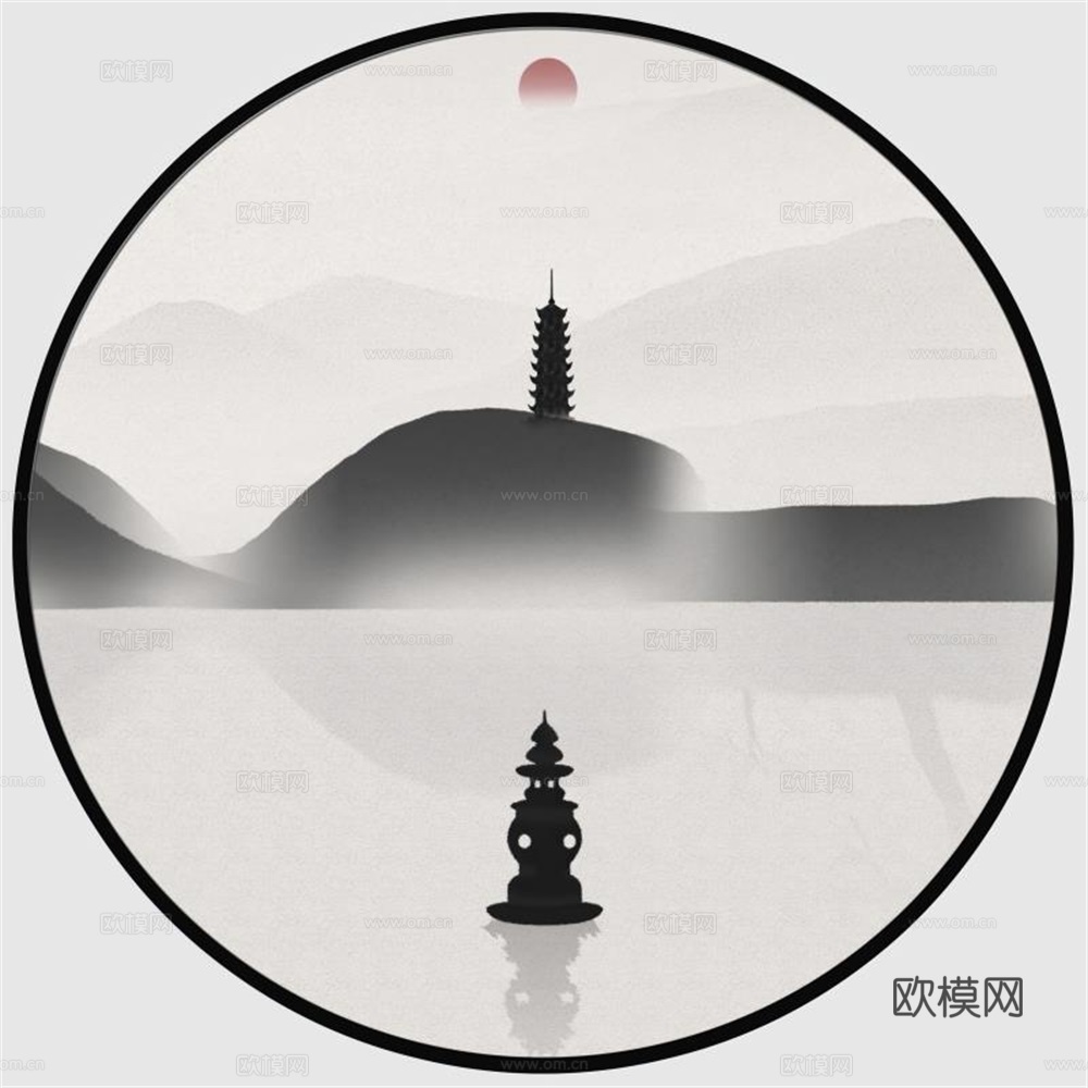 新中式圆形水墨山水装饰画壁画