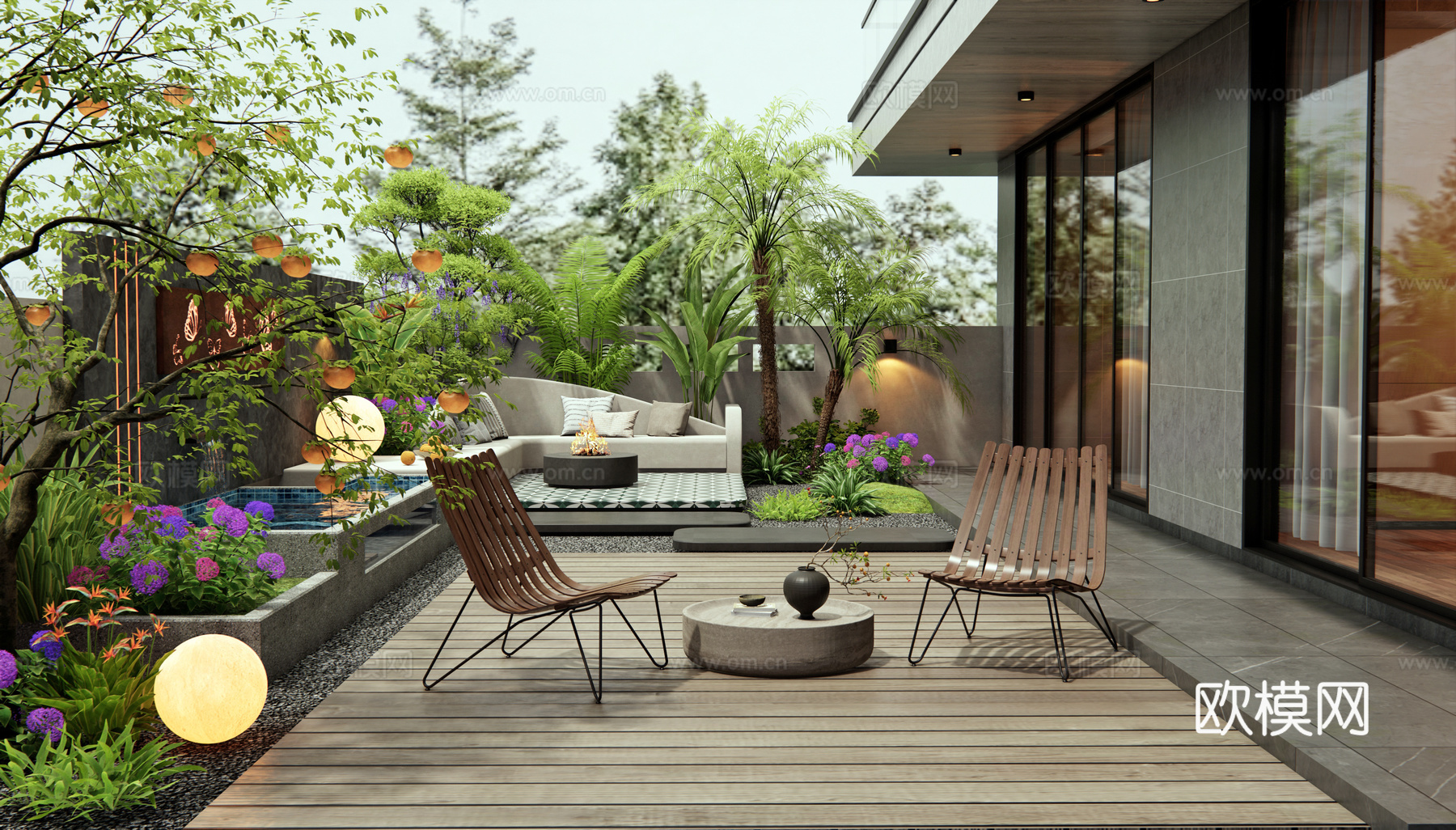 现代庭院花园 水景墙 卡座户外沙发 户外桌椅 花草 植物堆3d模型
