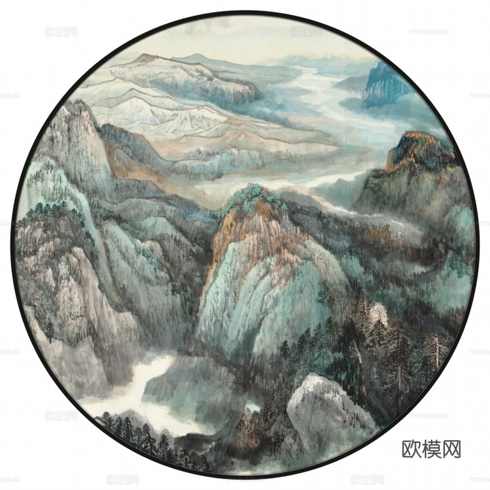 新中式圆形水墨山水装饰画壁画