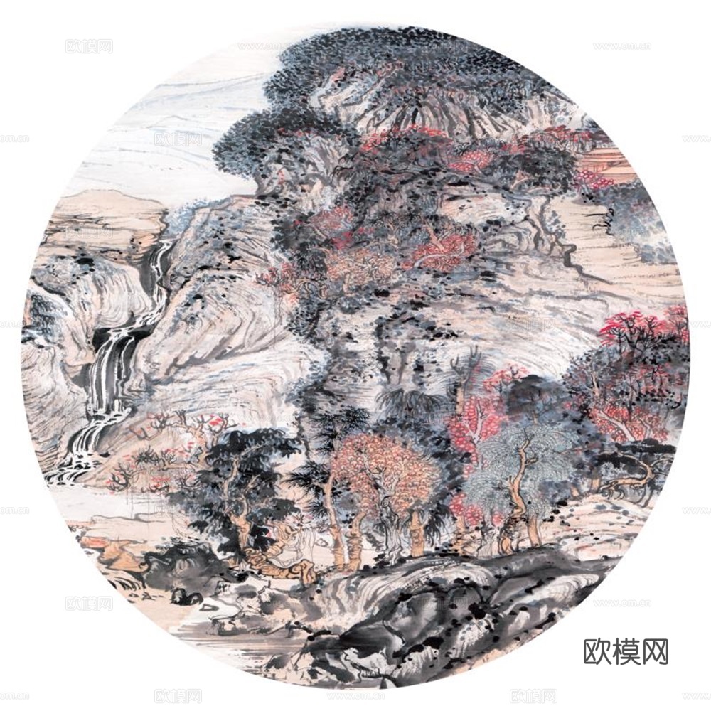 新中式圆形水墨山水装饰画壁画