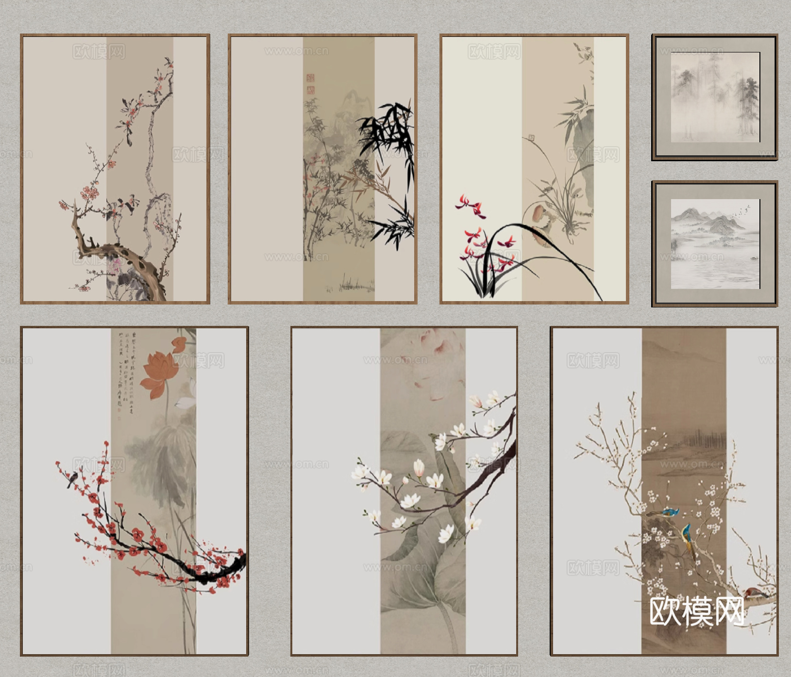 新中式挂画组合 装饰画su模型