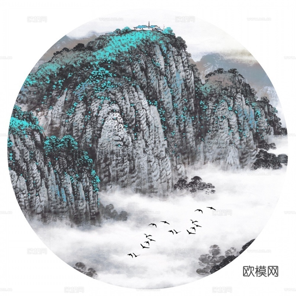 新中式圆形水墨山水装饰画壁画