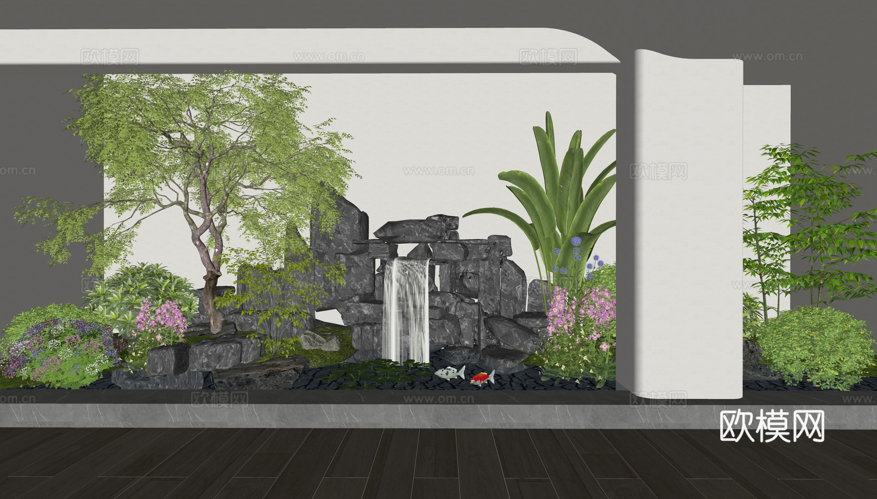 现代室内植物景观 假山水景 灌木 花草 天井景观 庭院小品su模型