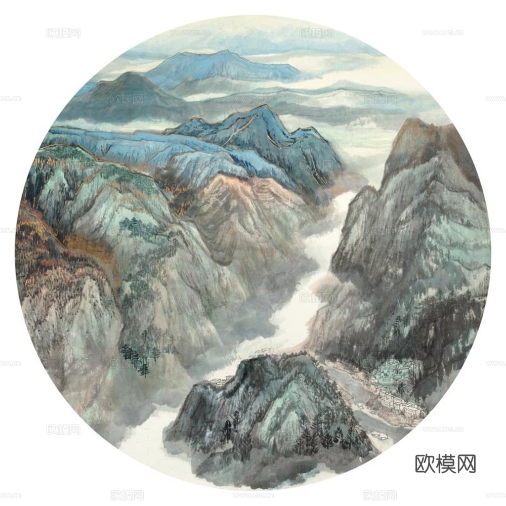 新中式圆形水墨山水装饰画壁画