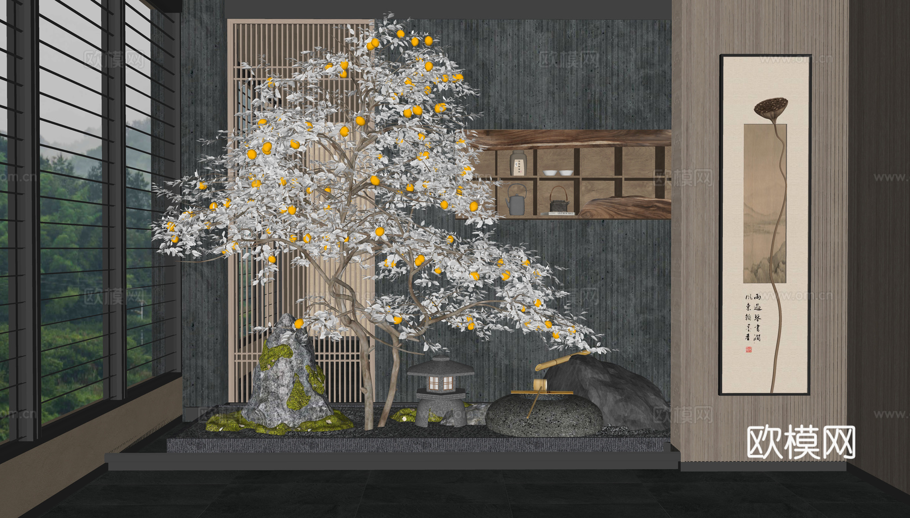 新中式室内景观 装饰挂画 墙饰挂件 植物造景 天井景观 苔藓su模型