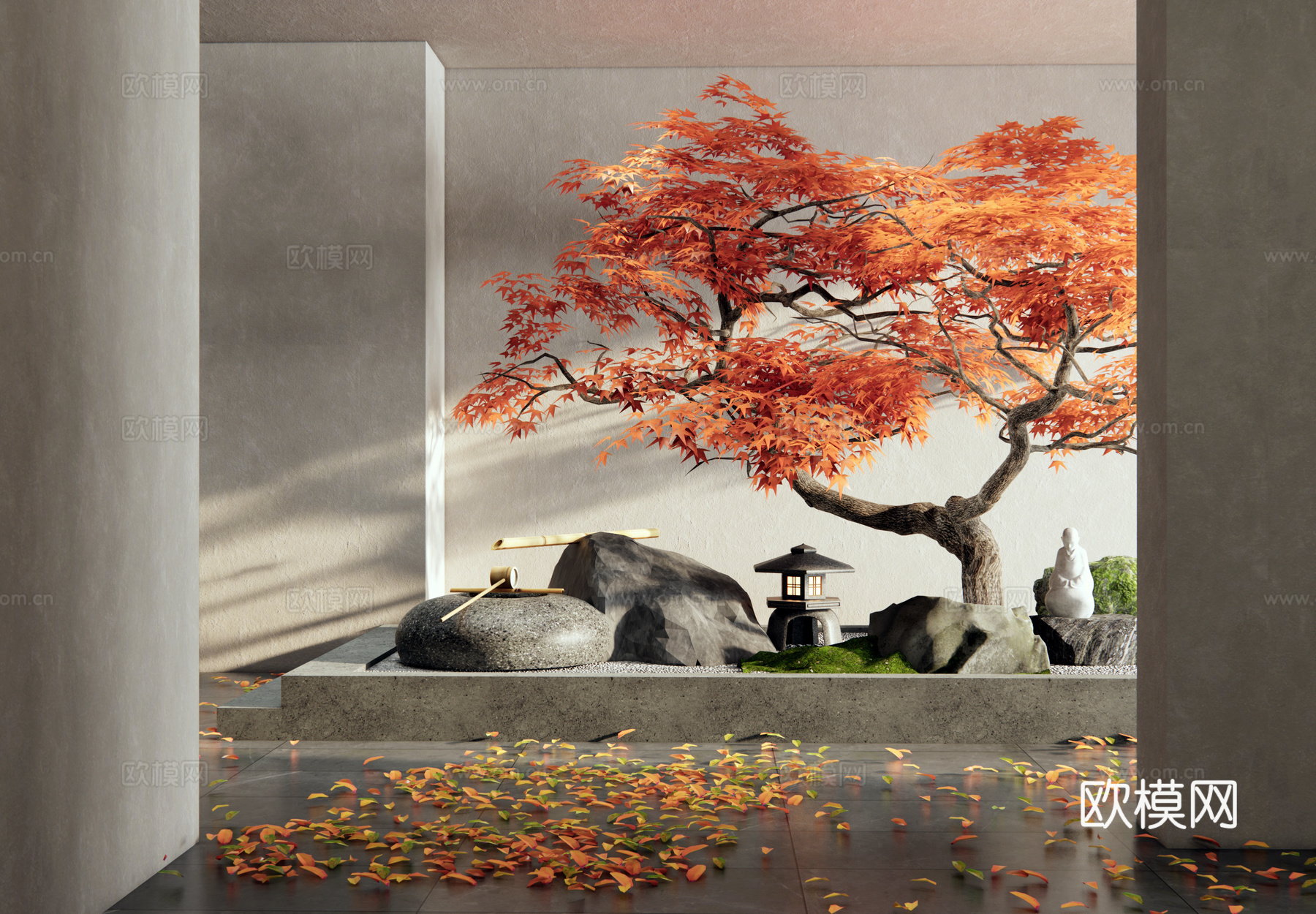 新中式室内景观造景 红枫 枯山水 水钵水景 景观石头3d模型