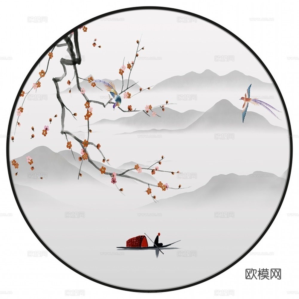 新中式圆形水墨山水装饰画壁画
