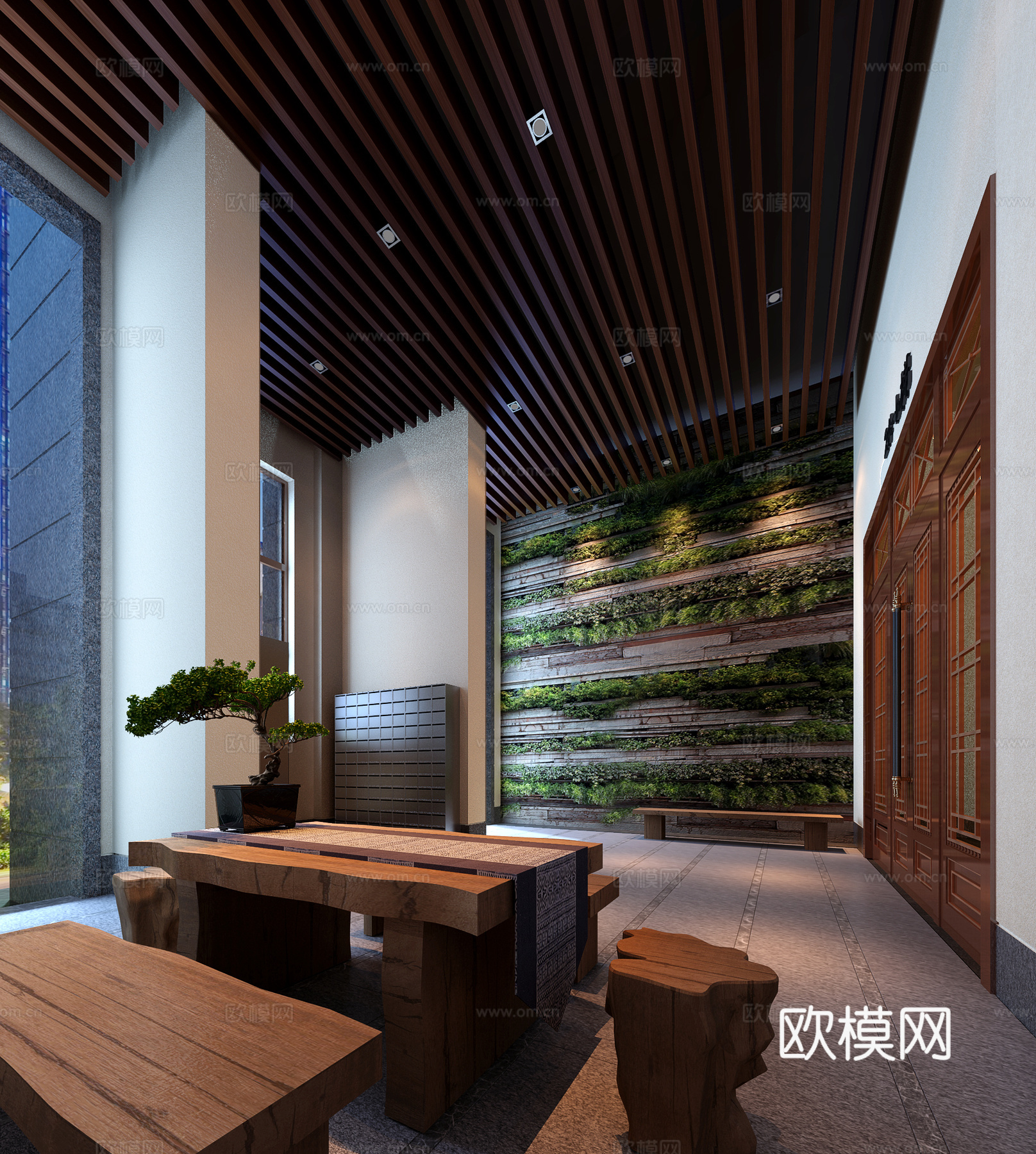 新中式庭院户外原木桌植物墙3d模型