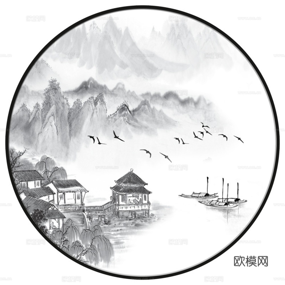 新中式圆形水墨山水装饰画壁画