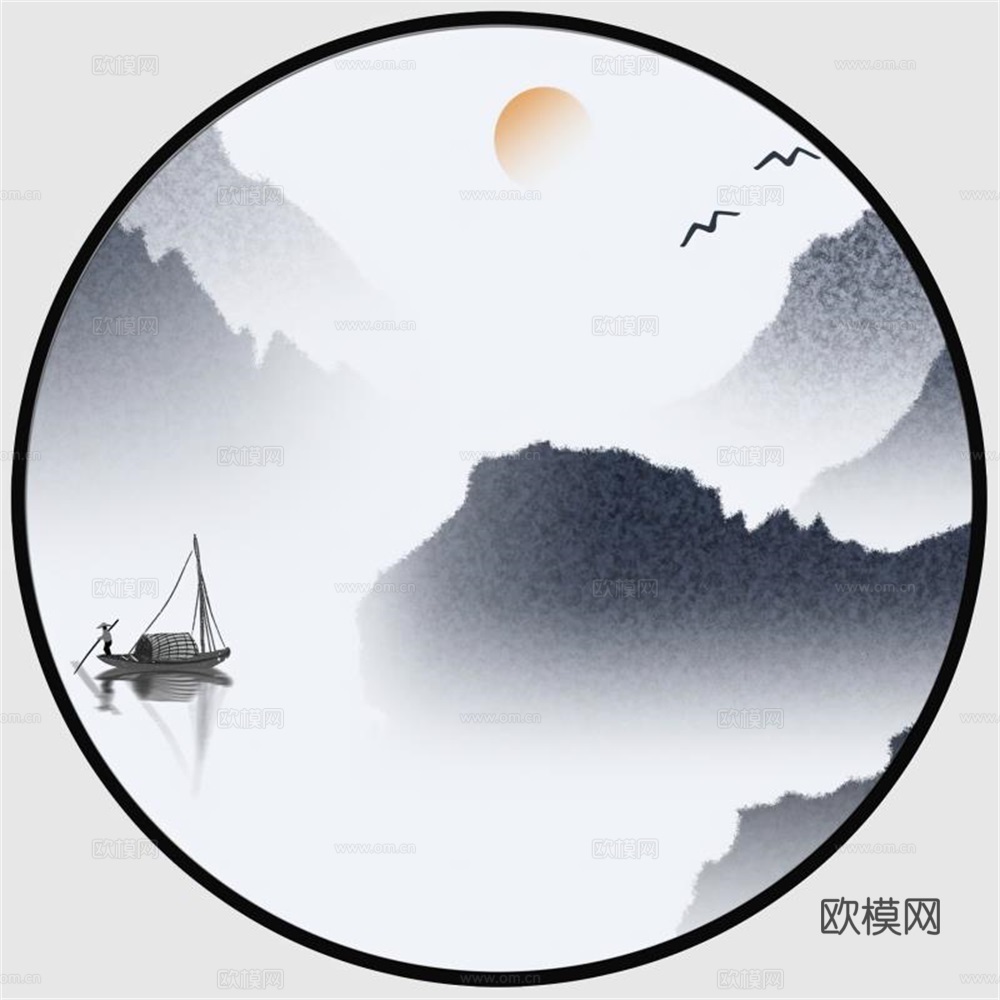 新中式圆形水墨山水装饰画壁画