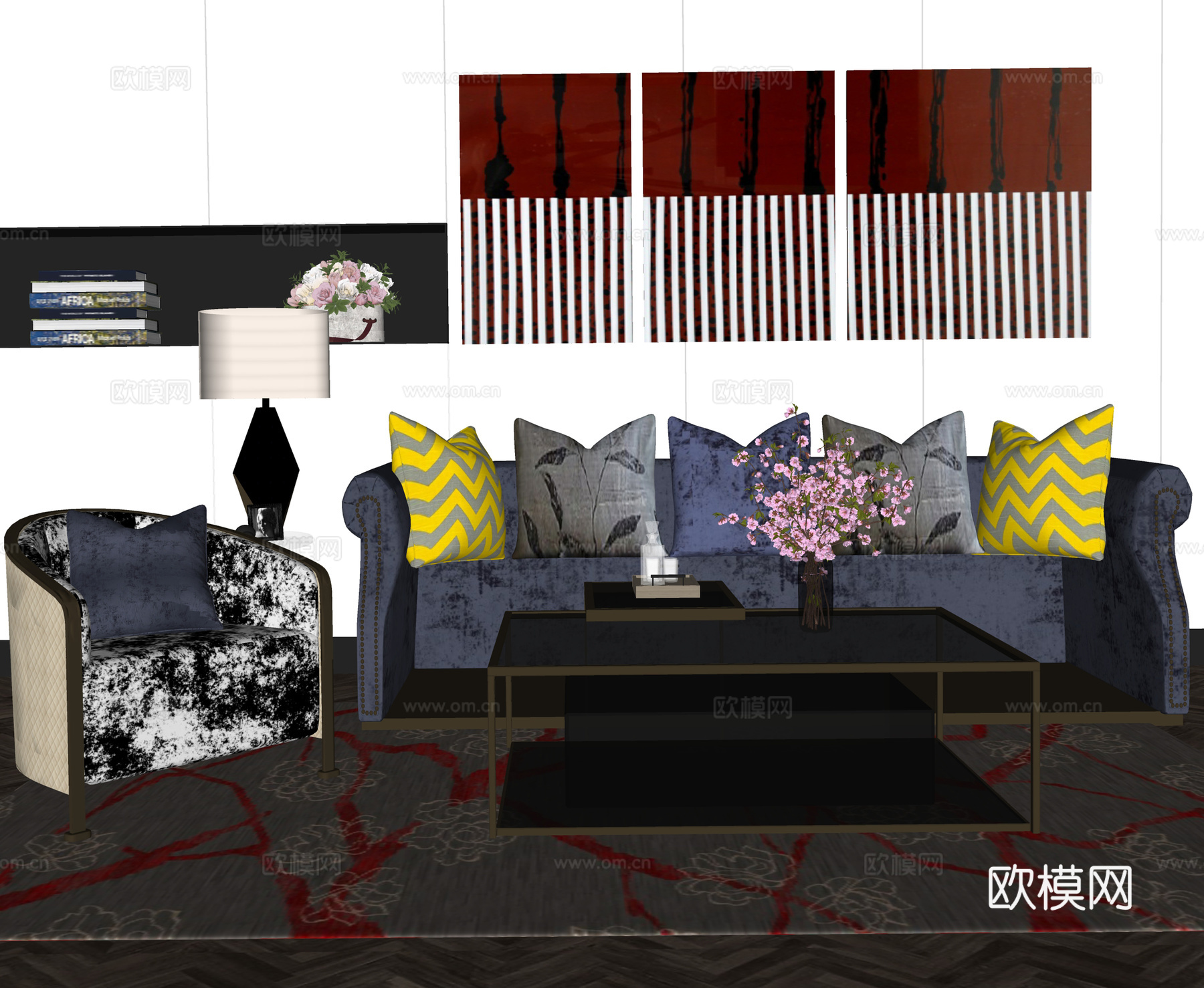 新中式沙发茶几组合  挂画花瓶花卉 休闲椅台灯su模型下载（渲染图2）