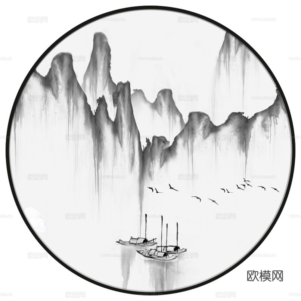 新中式圆形水墨山水装饰画壁画