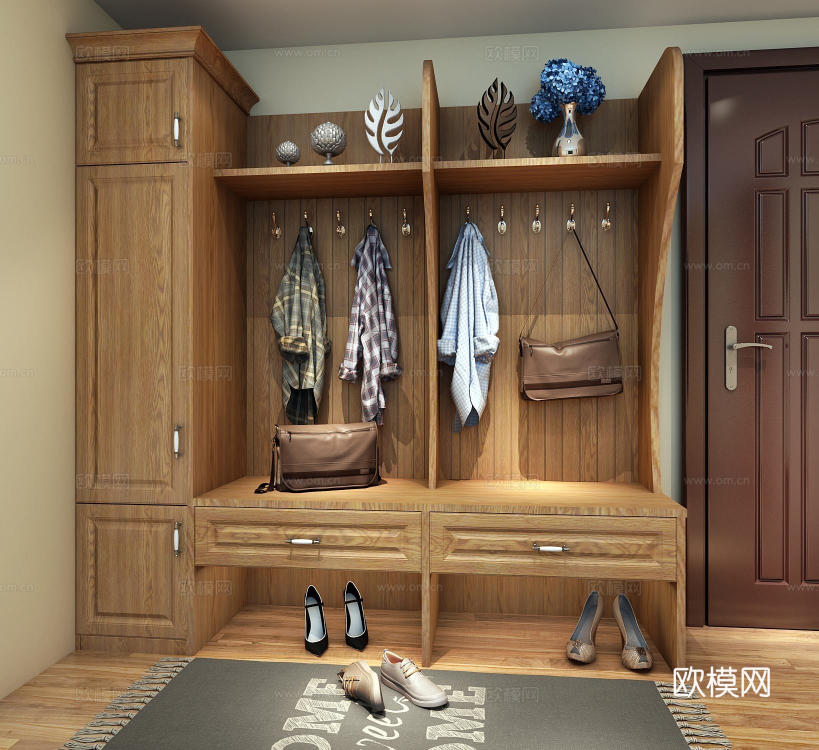 简欧中式现代实木鞋柜衣服挂件3d模型