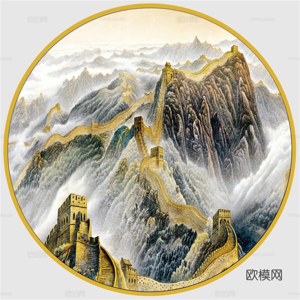 新中式圆形水墨山水装饰画壁画